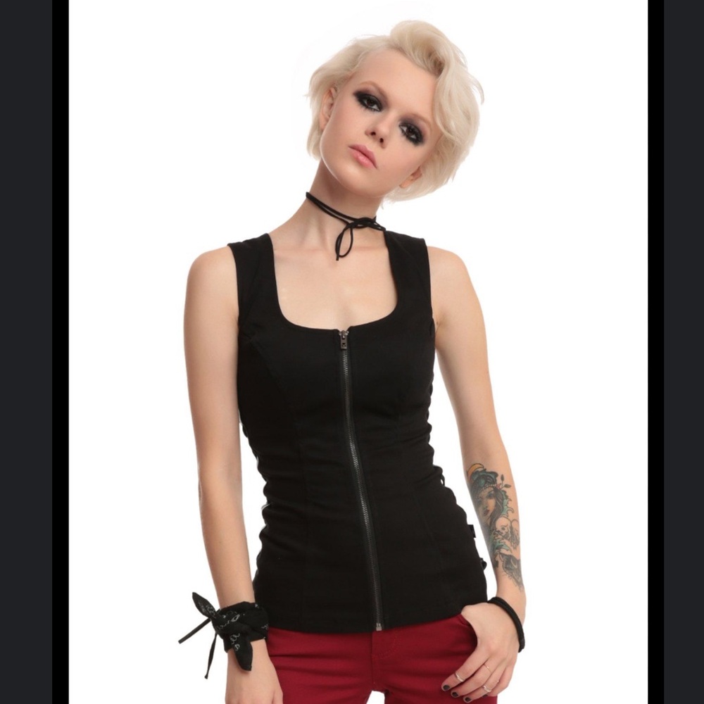 Tripp NYC Joan Jett Black and Faux Leather Lace Up Vest Tank Corset Large